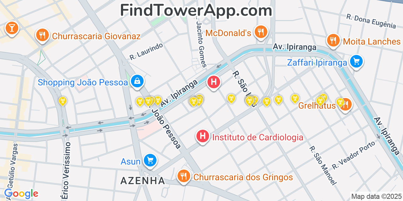 Map showing the 20 primary cell tower locations detected in Porto Alegre, Brazil with coverage areas and signal strength