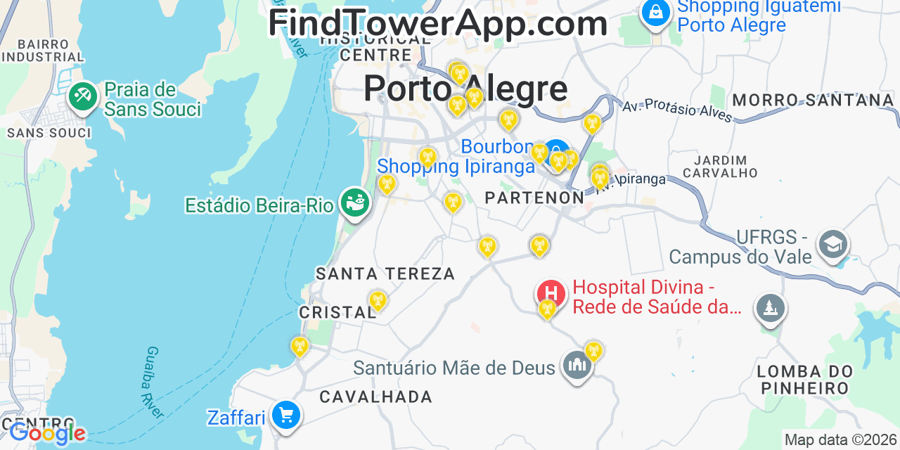 Map showing the 24 primary NII Holdings cell tower locations in Porto Alegre, Brazil
