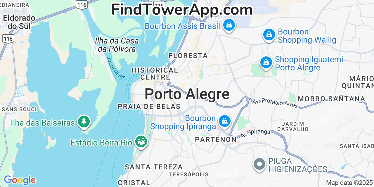Map showing the 0 primary NII-Holdings, cell tower locations detected in Porto Alegre, Brazil with coverage radius and signal strength indicators