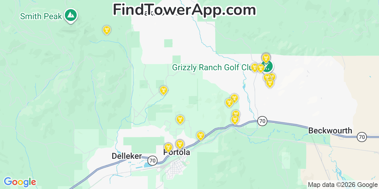 Map showing the 20 primary cell tower locations detected in Portola, California from AT&T, Verizon, and T-Mobile networks