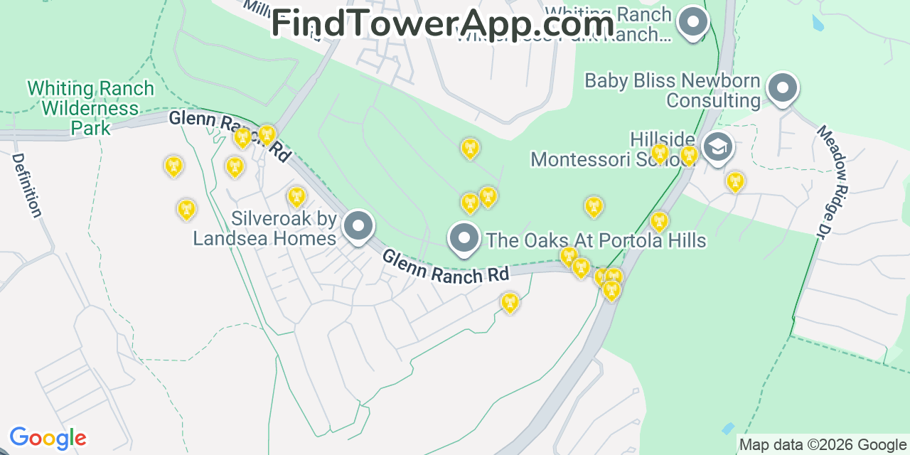 Map showing the 20 primary cell tower locations detected in Portola Hills, California from AT&T, Verizon, and T-Mobile networks