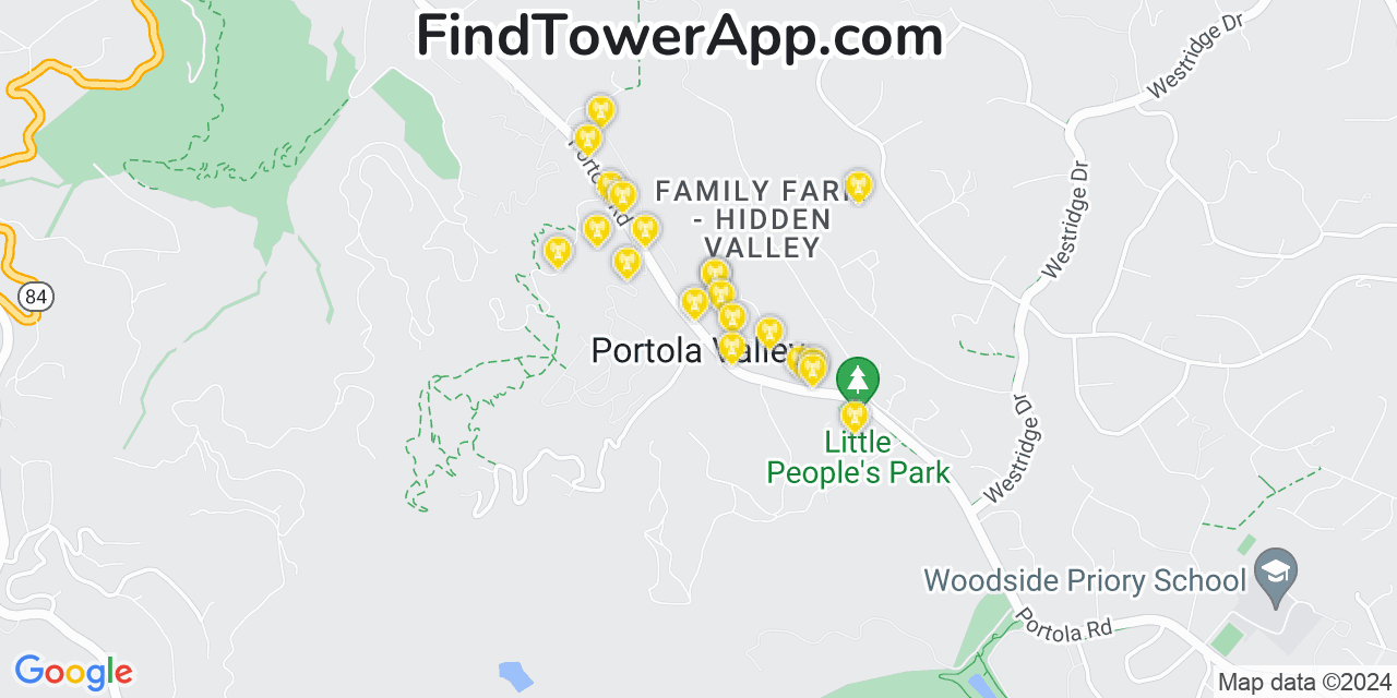 AT&T 4G/5G cell tower coverage map Portola Valley, California