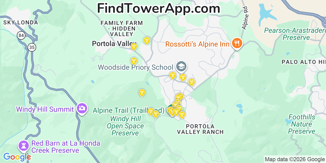 Map showing the 20 primary cell tower locations detected in Portola Valley, California from AT&T, Verizon, and T-Mobile networks