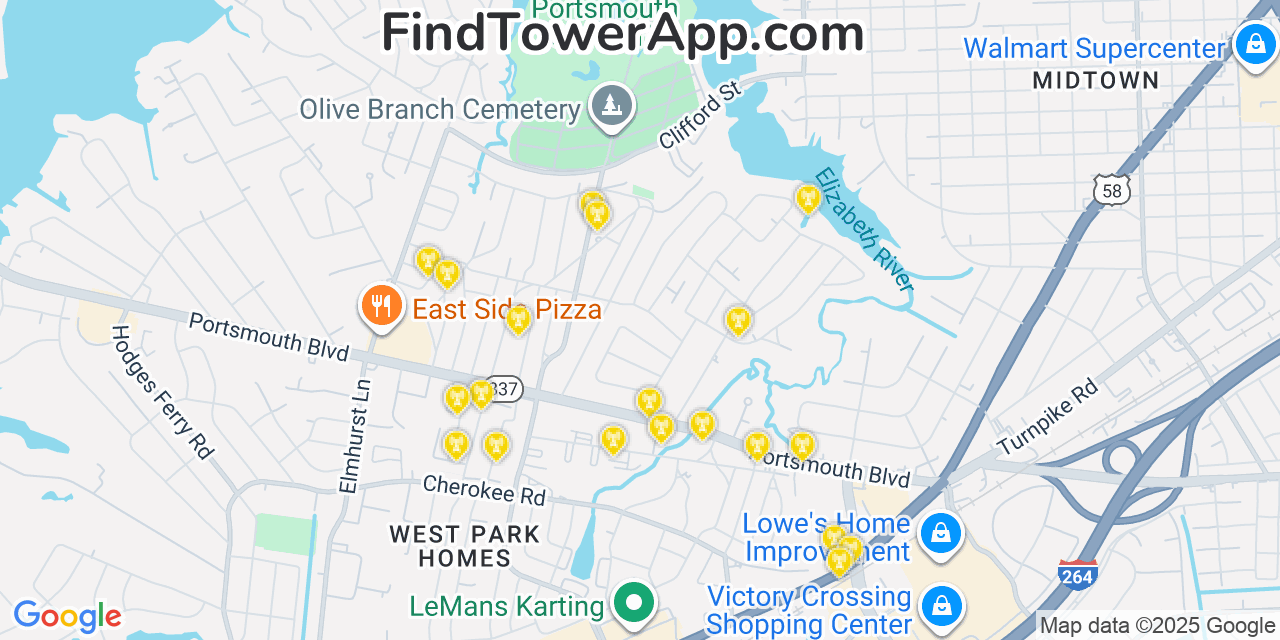 Map showing the 20 primary cell tower locations detected in Portsmouth Heights, Virginia from AT&T, Verizon, and T-Mobile networks