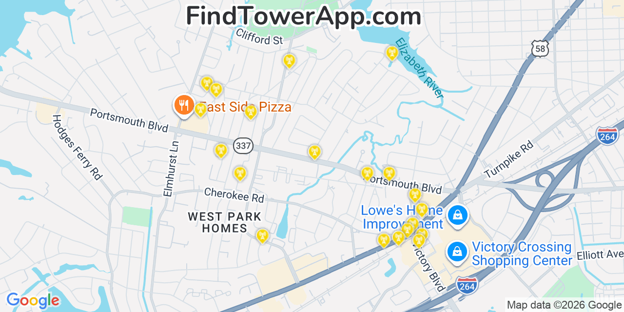 Map showing the 20 primary cell tower locations detected in Portsmouth Heights, Virginia from AT&T, Verizon, and T-Mobile networks