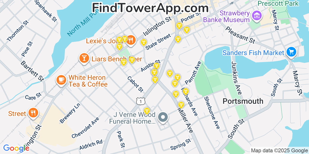 Map showing the 20 primary cell tower locations detected in Portsmouth, New Hampshire from AT&T, Verizon, and T-Mobile networks