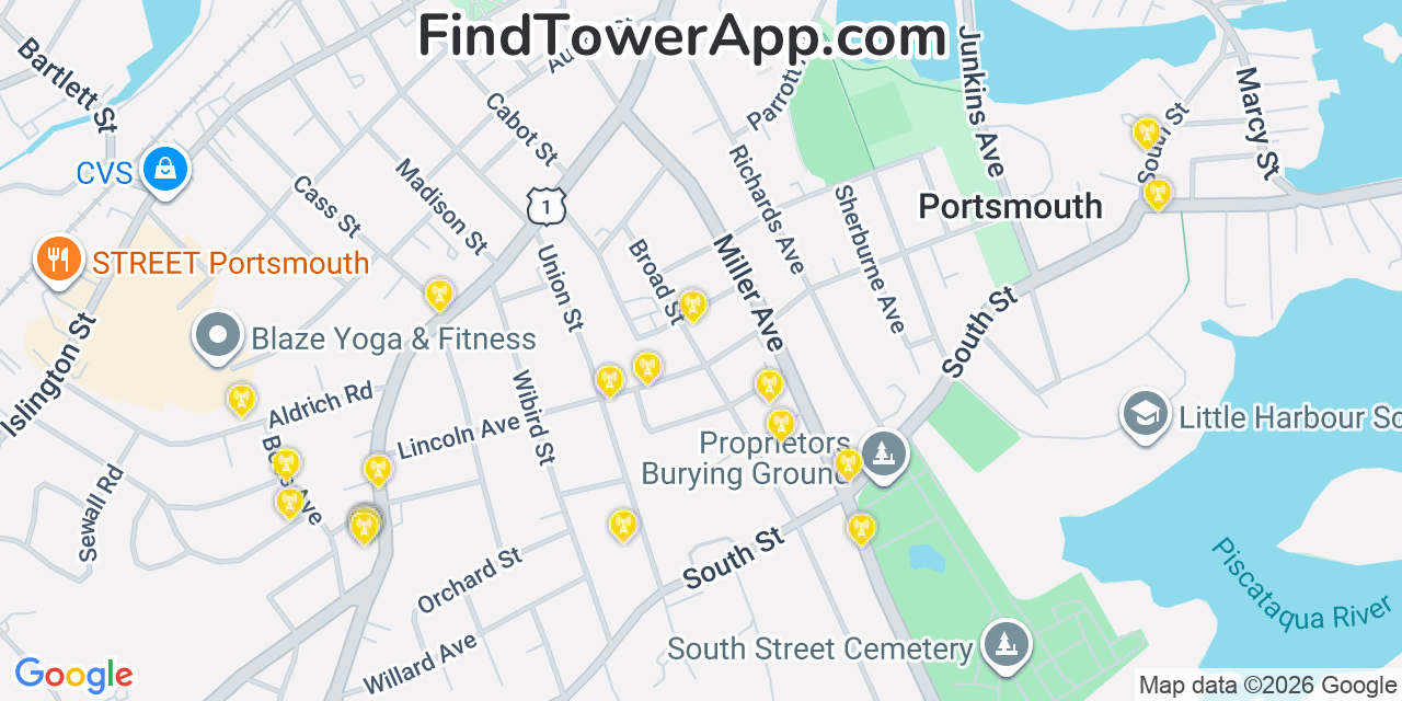 Map showing the 20 primary cell tower locations detected in Portsmouth, New Hampshire from AT&T, Verizon, and T-Mobile networks
