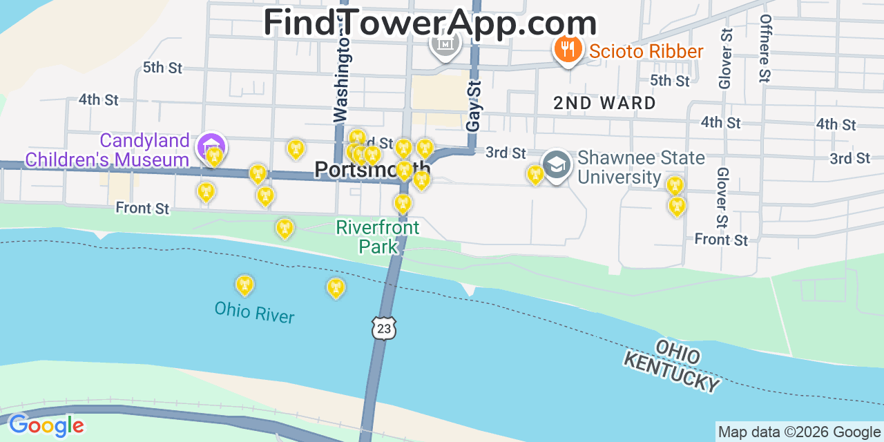 Map showing the 20 primary cell tower locations detected in Portsmouth, Ohio from AT&T, Verizon, and T-Mobile networks