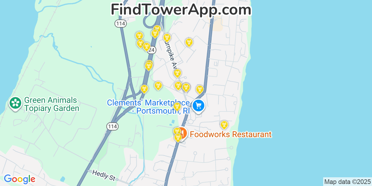 Map showing the 20 primary cell tower locations detected in Portsmouth, Rhode Island from AT&T, Verizon, and T-Mobile networks