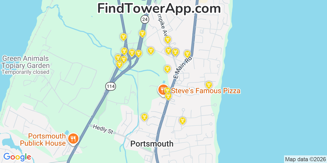 Map showing the 20 primary cell tower locations detected in Portsmouth, Rhode Island from AT&T, Verizon, and T-Mobile networks