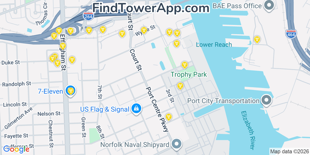 Map showing the 20 primary cell tower locations detected in Portsmouth, Virginia from AT&T, Verizon, and T-Mobile networks