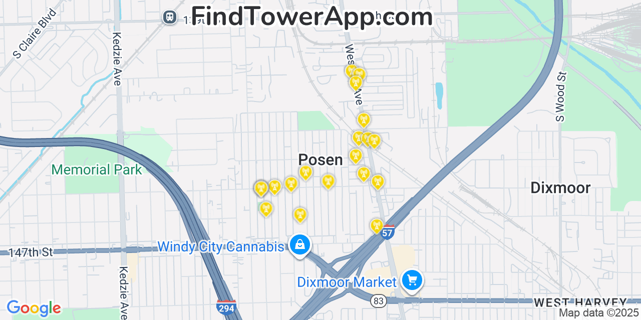 Map showing the 20 primary cell tower locations detected in Posen, Illinois from AT&T, Verizon, and T-Mobile networks