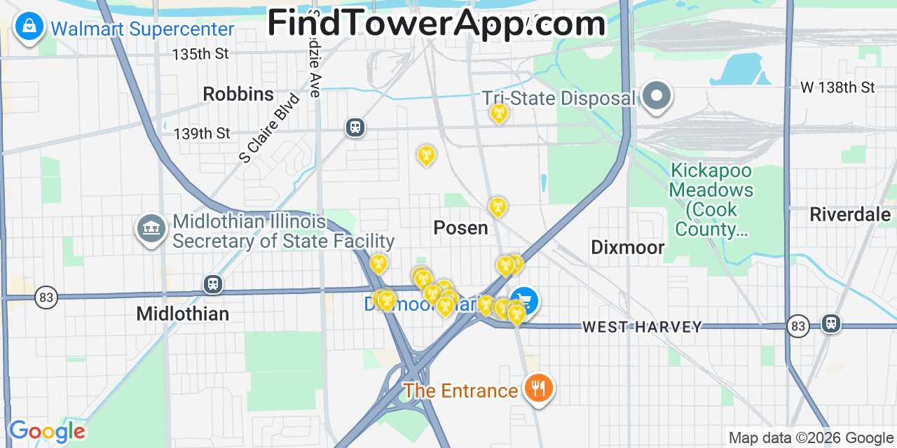 Map showing the 20 primary cell tower locations detected in Posen, Illinois from AT&T, Verizon, and T-Mobile networks