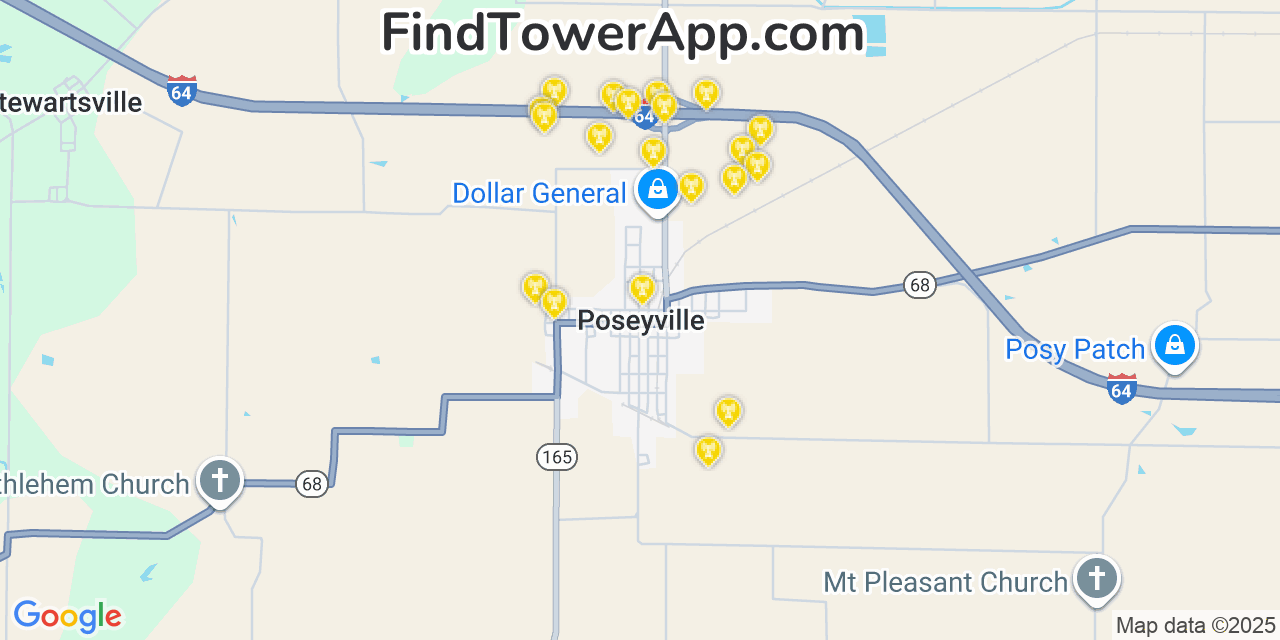 Map showing the 20 primary cell tower locations detected in Poseyville, Indiana from AT&T, Verizon, and T-Mobile networks