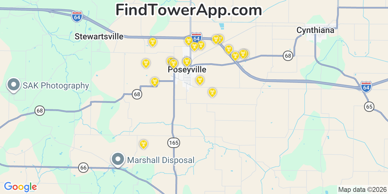 Map showing the 20 primary cell tower locations detected in Poseyville, Indiana from AT&T, Verizon, and T-Mobile networks