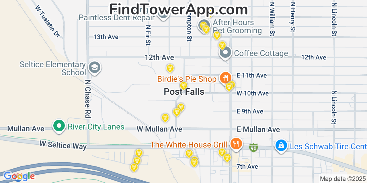 Map showing the 20 primary cell tower locations detected in Post Falls, Idaho from AT&T, Verizon, and T-Mobile networks