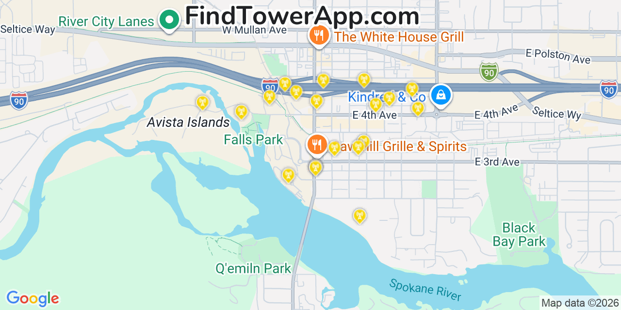 Map showing the 20 primary cell tower locations detected in Post Falls, Idaho from AT&T, Verizon, and T-Mobile networks