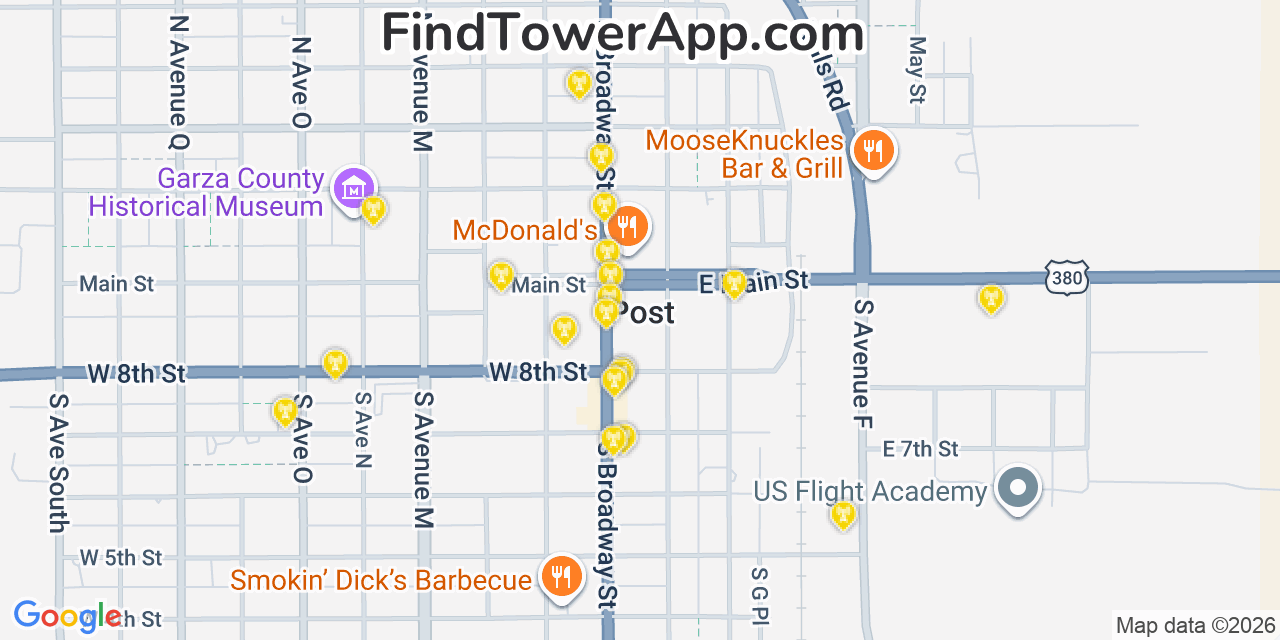 Map showing the 20 primary cell tower locations detected in Post, Texas from AT&T, Verizon, and T-Mobile networks