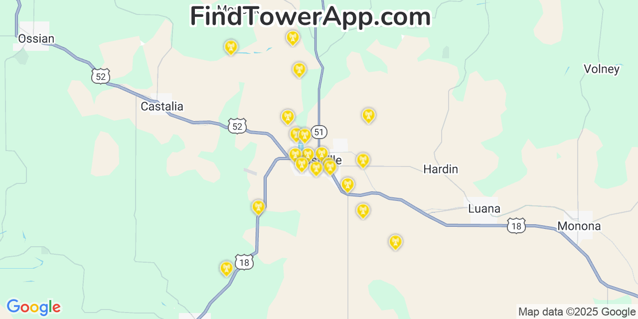 Map showing the 20 primary cell tower locations detected in Postville, Iowa from AT&T, Verizon, and T-Mobile networks