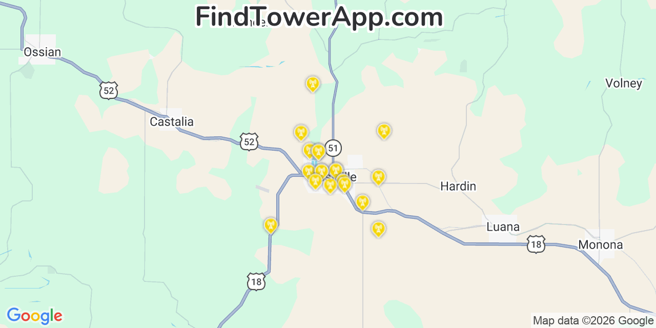 Map showing the 20 primary cell tower locations detected in Postville, Iowa from AT&T, Verizon, and T-Mobile networks