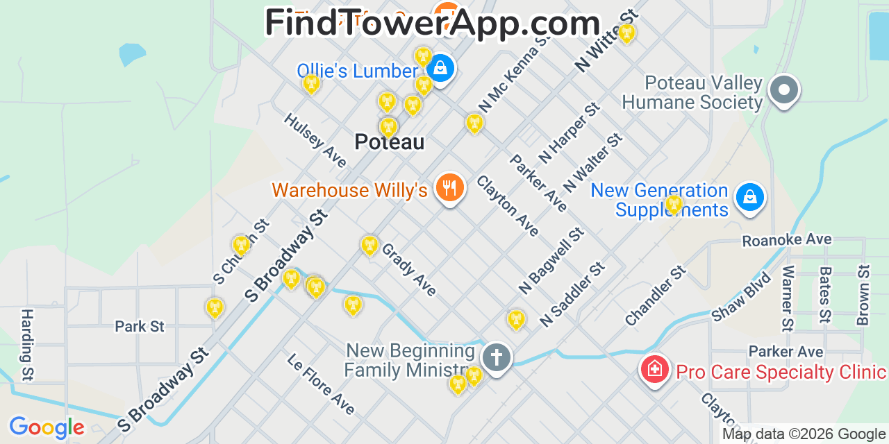 Map showing the 20 primary cell tower locations detected in Poteau, Oklahoma from AT&T, Verizon, and T-Mobile networks