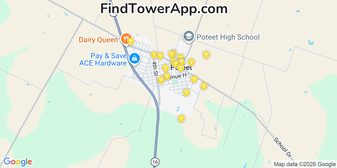 Map showing the 20 primary cell tower locations detected in Poteet, Texas from AT&T, Verizon, and T-Mobile networks
