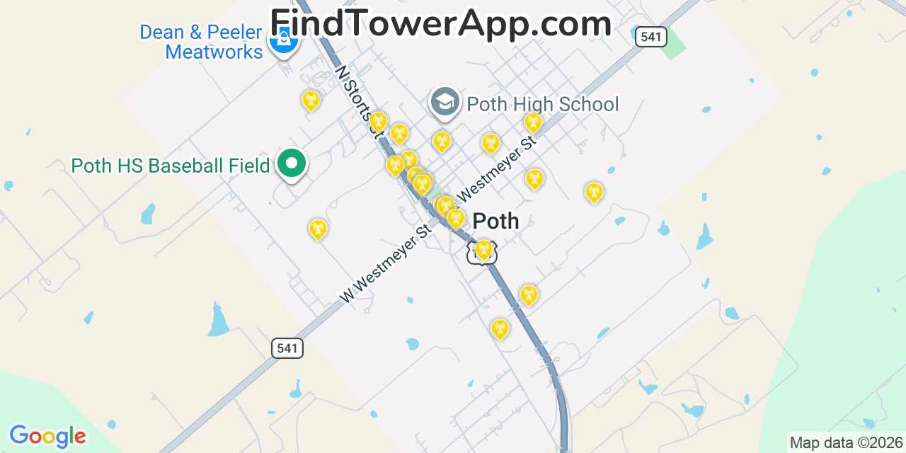 Map showing the 20 primary cell tower locations detected in Poth, Texas from AT&T, Verizon, and T-Mobile networks