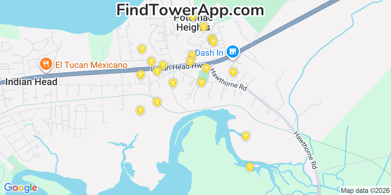 Map showing the 20 primary cell tower locations detected in Potomac Heights, Maryland from AT&T, Verizon, and T-Mobile networks