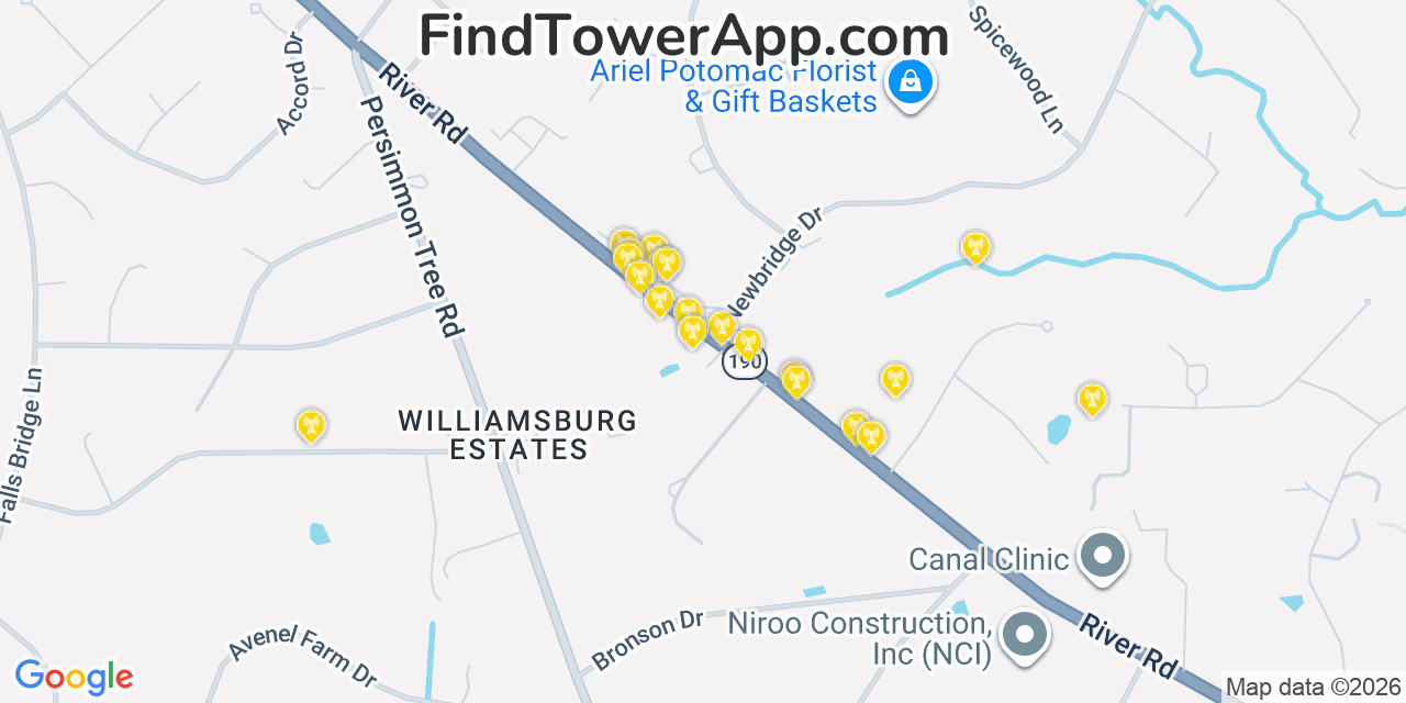 Map showing the 20 primary cell tower locations detected in Potomac, Maryland from AT&T, Verizon, and T-Mobile networks