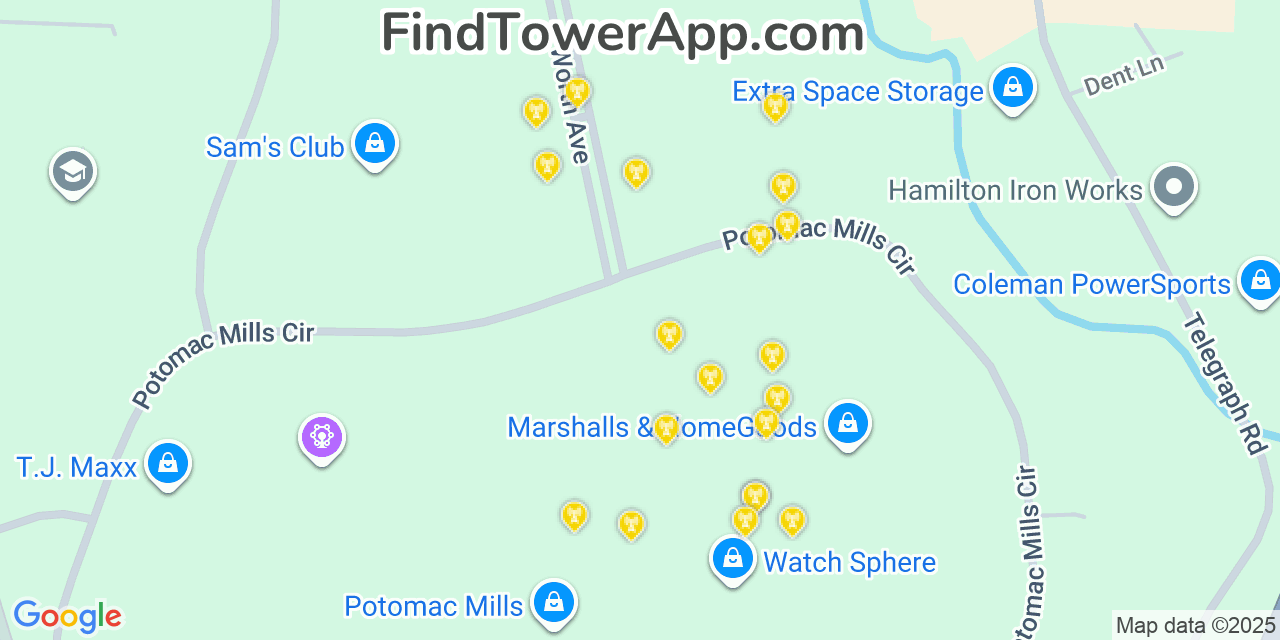 Map showing the 20 primary cell tower locations detected in Potomac Mills, Virginia from AT&T, Verizon, and T-Mobile networks