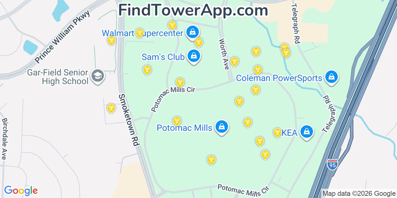 Map showing the 20 primary cell tower locations detected in Potomac Mills, Virginia from AT&T, Verizon, and T-Mobile networks