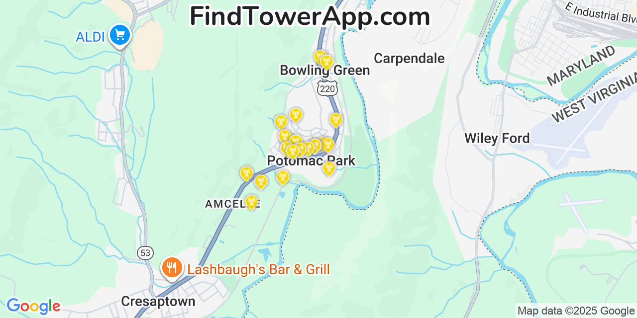 Map showing the 20 primary cell tower locations detected in Potomac Park, Maryland from AT&T, Verizon, and T-Mobile networks