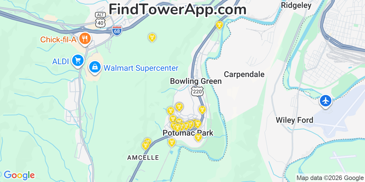 Map showing the 20 primary cell tower locations detected in Potomac Park, Maryland from AT&T, Verizon, and T-Mobile networks