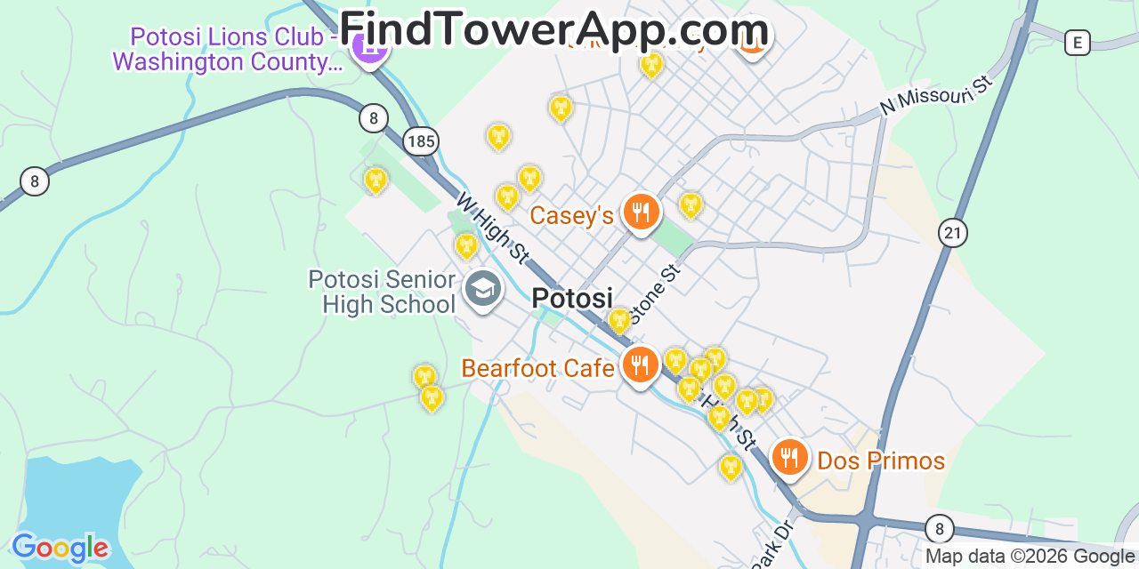 Map showing the 20 primary cell tower locations detected in Potosi, Missouri from AT&T, Verizon, and T-Mobile networks
