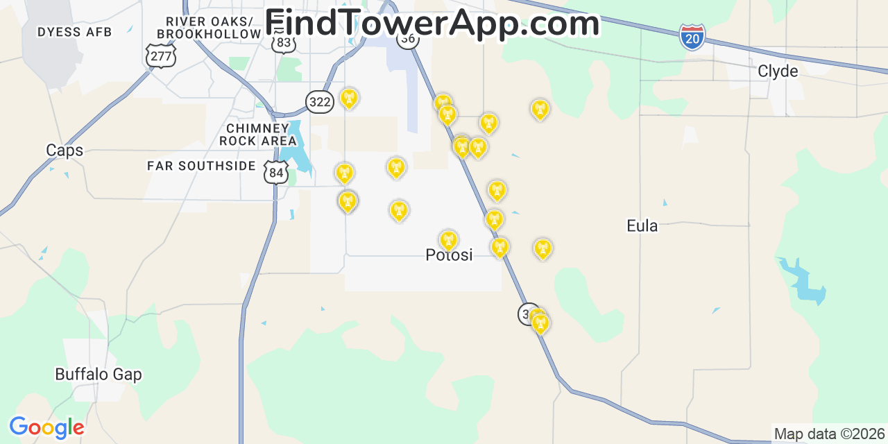 Map showing the 20 primary cell tower locations detected in Potosi, Texas from AT&T, Verizon, and T-Mobile networks
