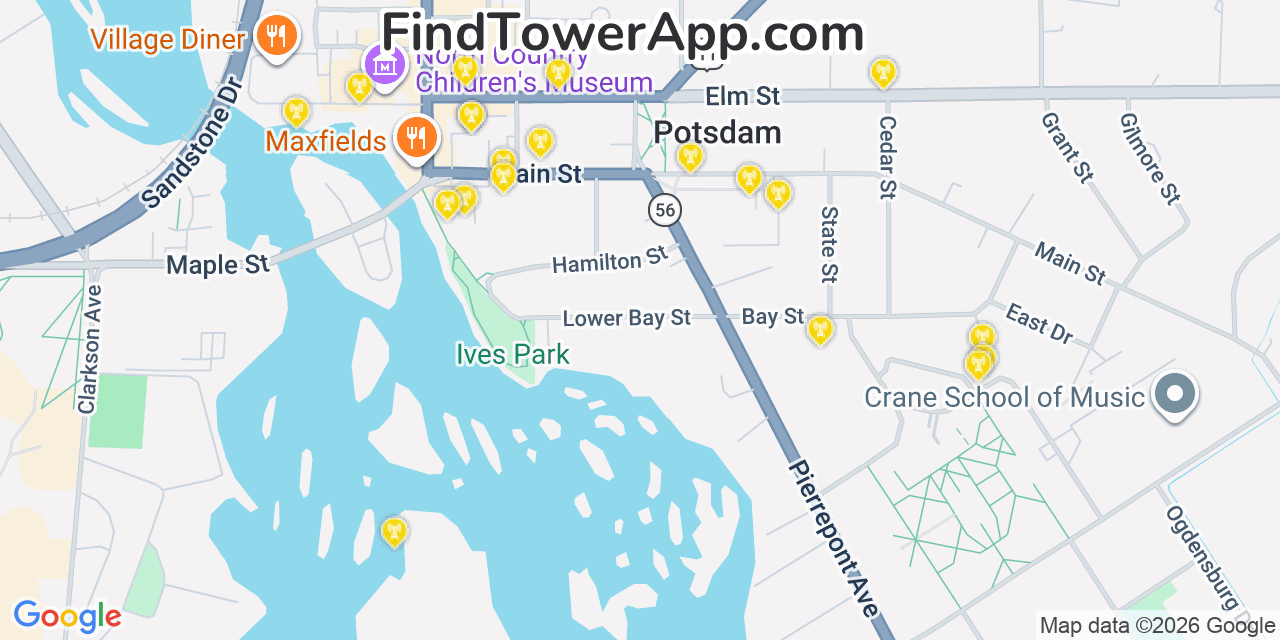 Map showing the 20 primary cell tower locations detected in Potsdam, New York from AT&T, Verizon, and T-Mobile networks