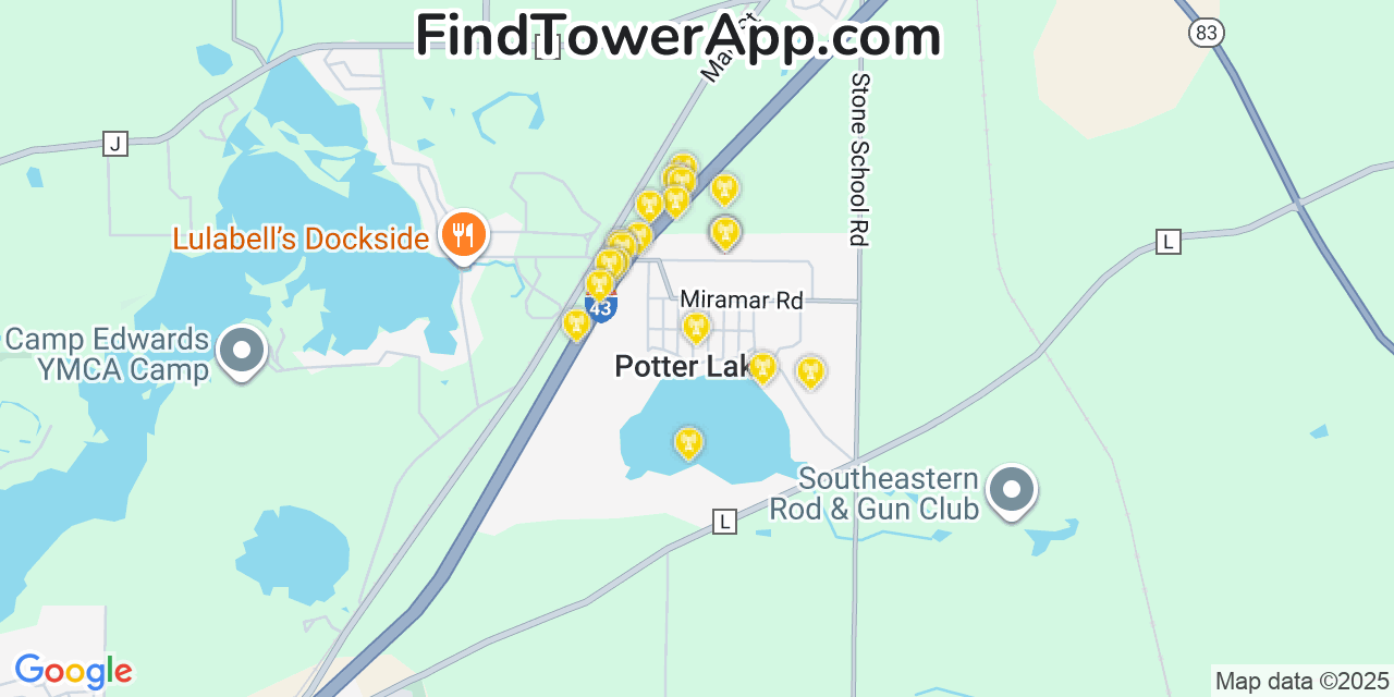 Map showing the 20 primary cell tower locations detected in Potter Lake, Wisconsin from AT&T, Verizon, and T-Mobile networks