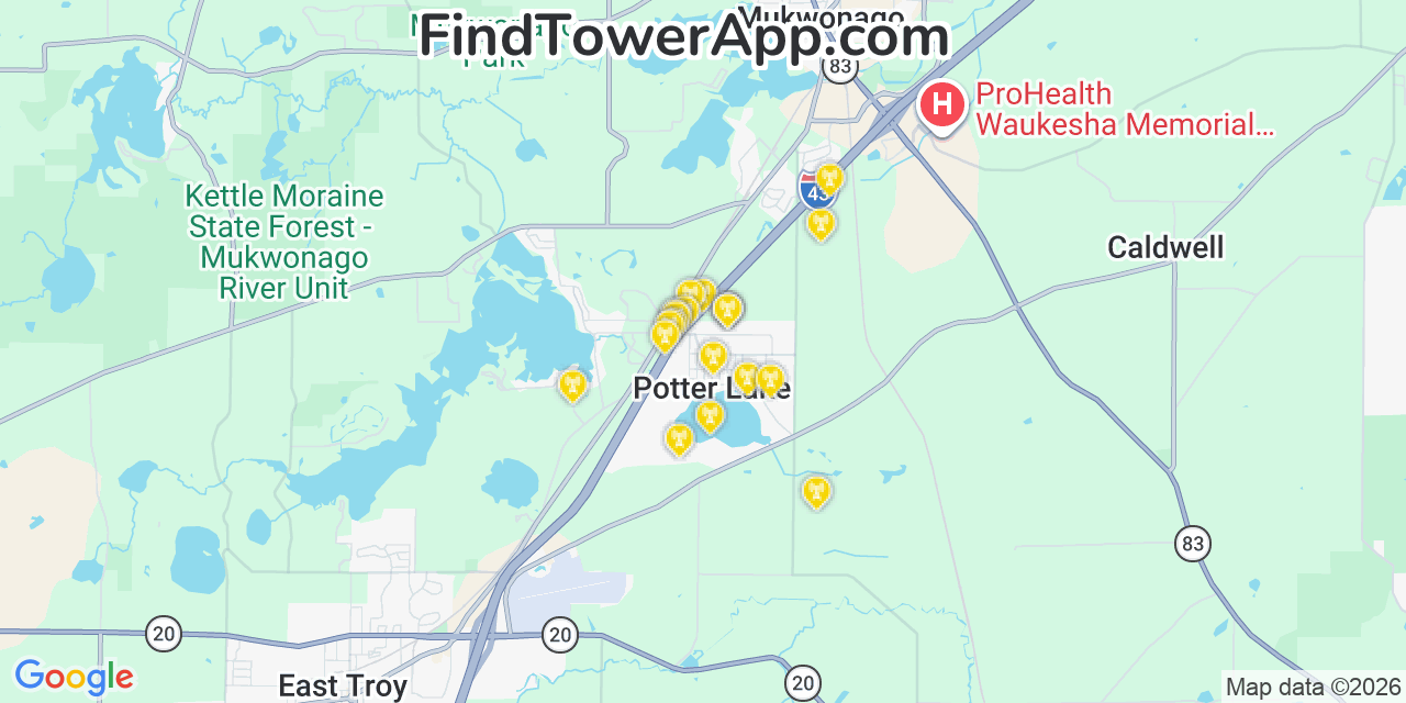 Map showing the 20 primary cell tower locations detected in Potter Lake, Wisconsin from AT&T, Verizon, and T-Mobile networks