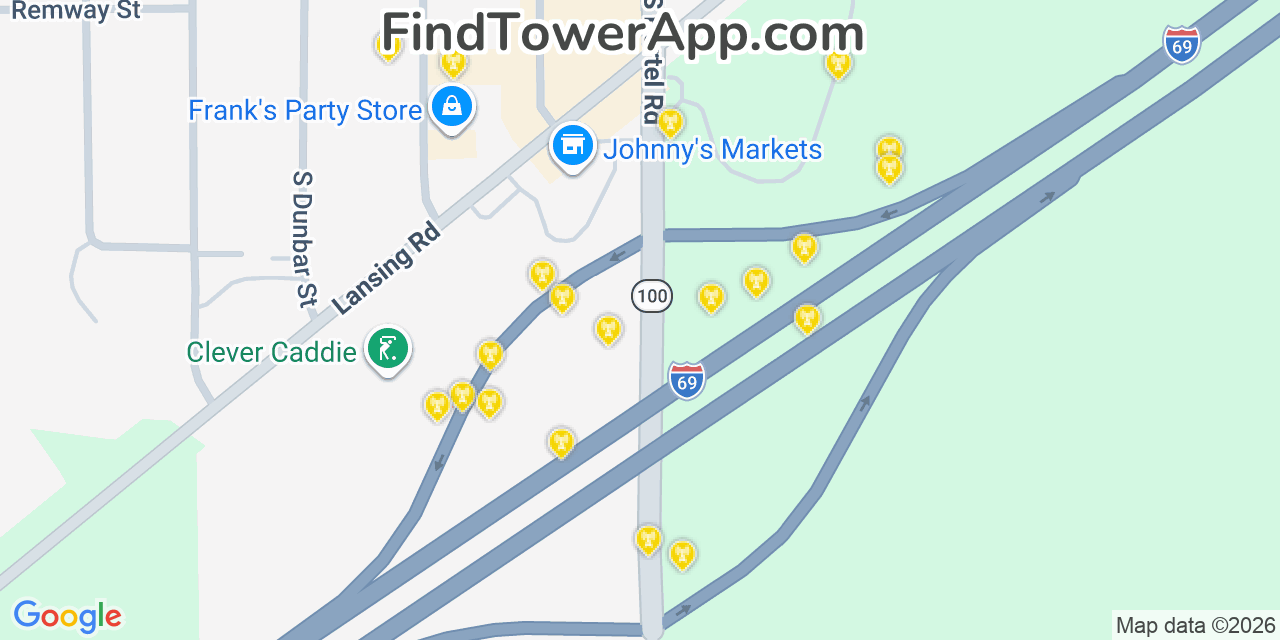 Map showing the 20 primary cell tower locations detected in Potterville, Michigan from AT&T, Verizon, and T-Mobile networks