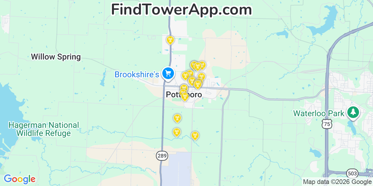 Map showing the 20 primary cell tower locations detected in Pottsboro, Texas from AT&T, Verizon, and T-Mobile networks