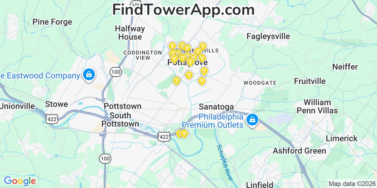 Map showing the 20 primary cell tower locations detected in Pottsgrove, Pennsylvania from AT&T, Verizon, and T-Mobile networks