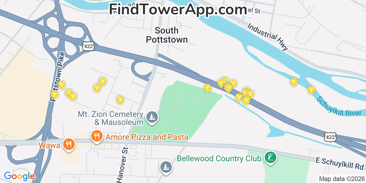Map showing the 20 primary cell tower locations detected in Pottstown, Pennsylvania from AT&T, Verizon, and T-Mobile networks
