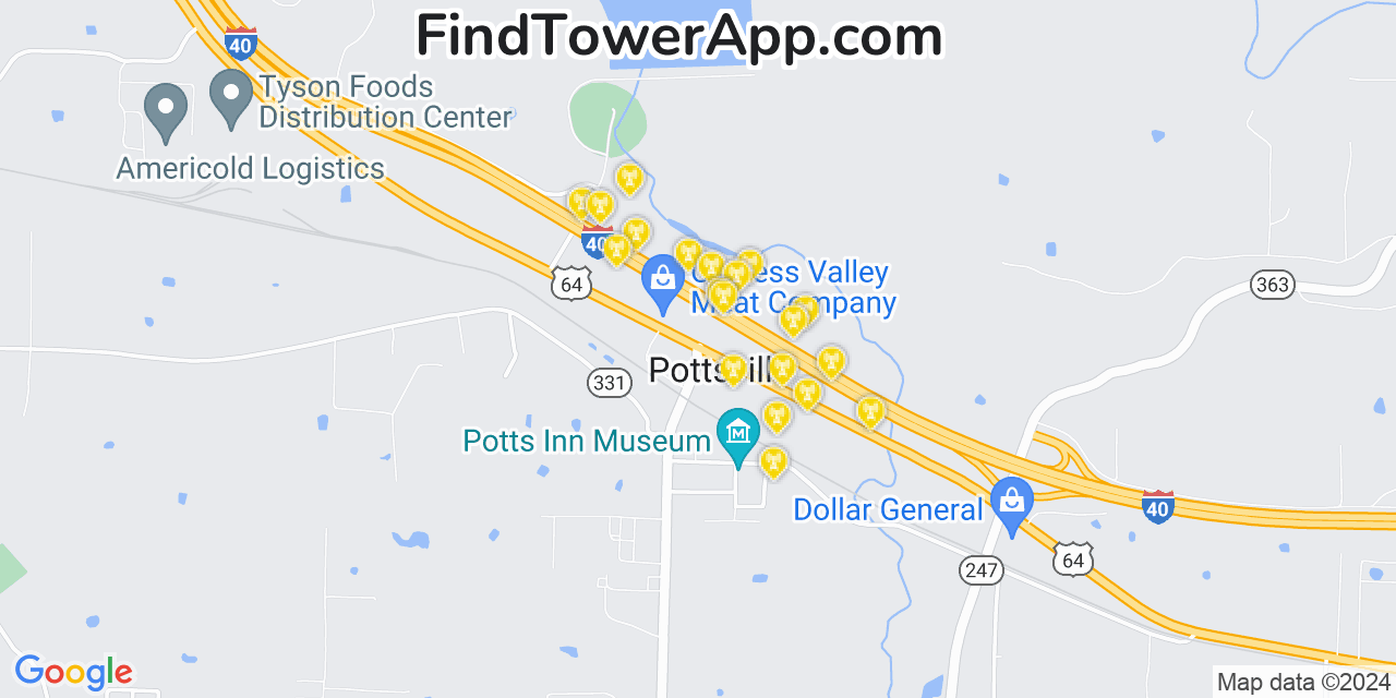 AT&T 4G/5G cell tower coverage map Pottsville, Arkansas