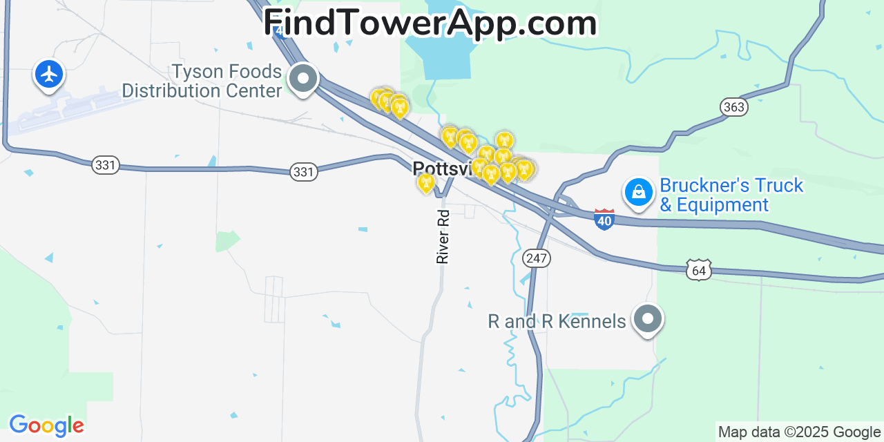 Map showing the 20 primary cell tower locations detected in Pottsville, Arkansas from AT&T, Verizon, and T-Mobile networks