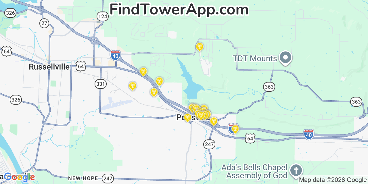 Map showing the 20 primary cell tower locations detected in Pottsville, Arkansas from AT&T, Verizon, and T-Mobile networks