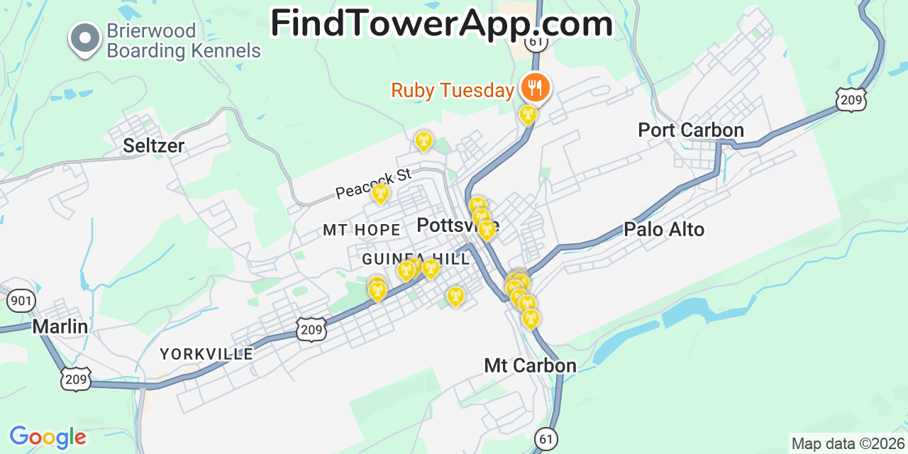 Map showing the 20 primary cell tower locations detected in Pottsville, Pennsylvania from AT&T, Verizon, and T-Mobile networks