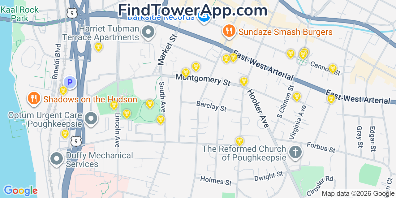 Map showing the 20 primary cell tower locations detected in Poughkeepsie, New York from AT&T, Verizon, and T-Mobile networks