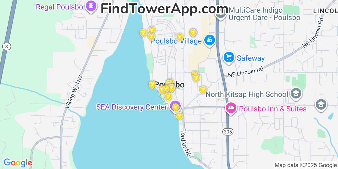 Map showing the 20 primary cell tower locations detected in Poulsbo, Washington from AT&T, Verizon, and T-Mobile networks