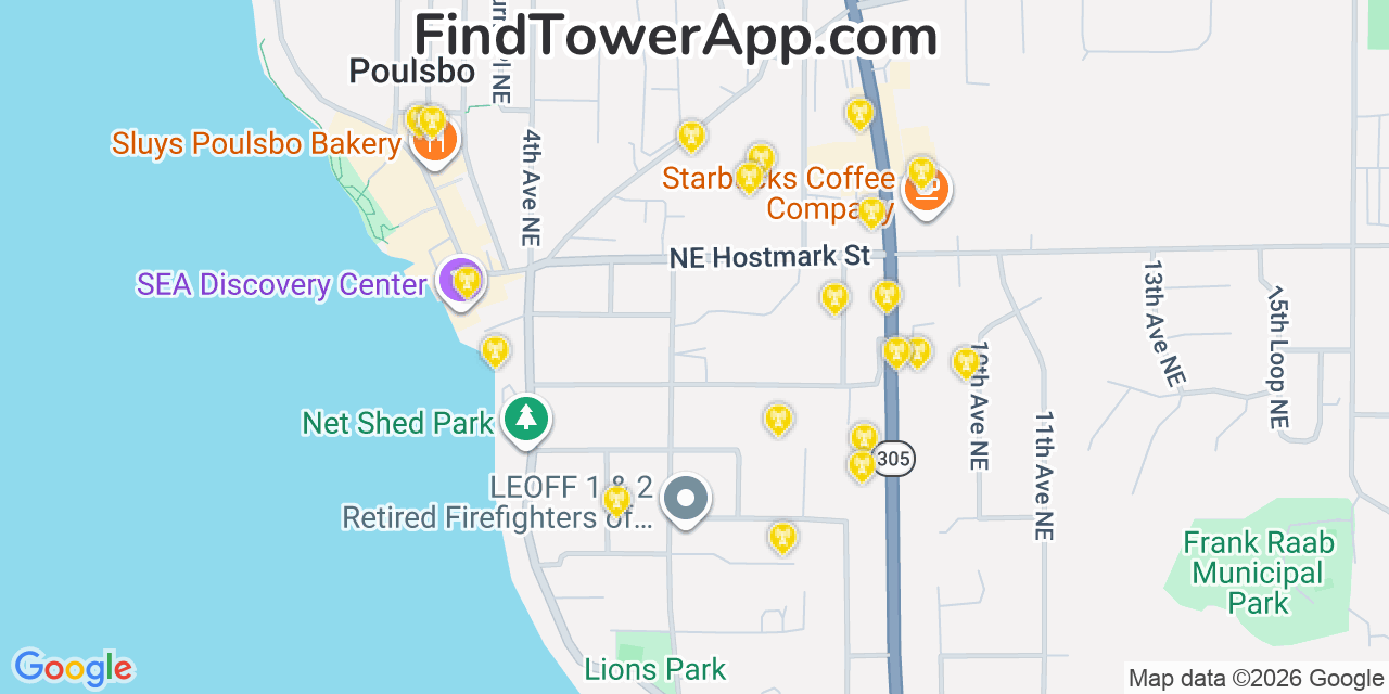 Map showing the 20 primary cell tower locations detected in Poulsbo, Washington from AT&T, Verizon, and T-Mobile networks