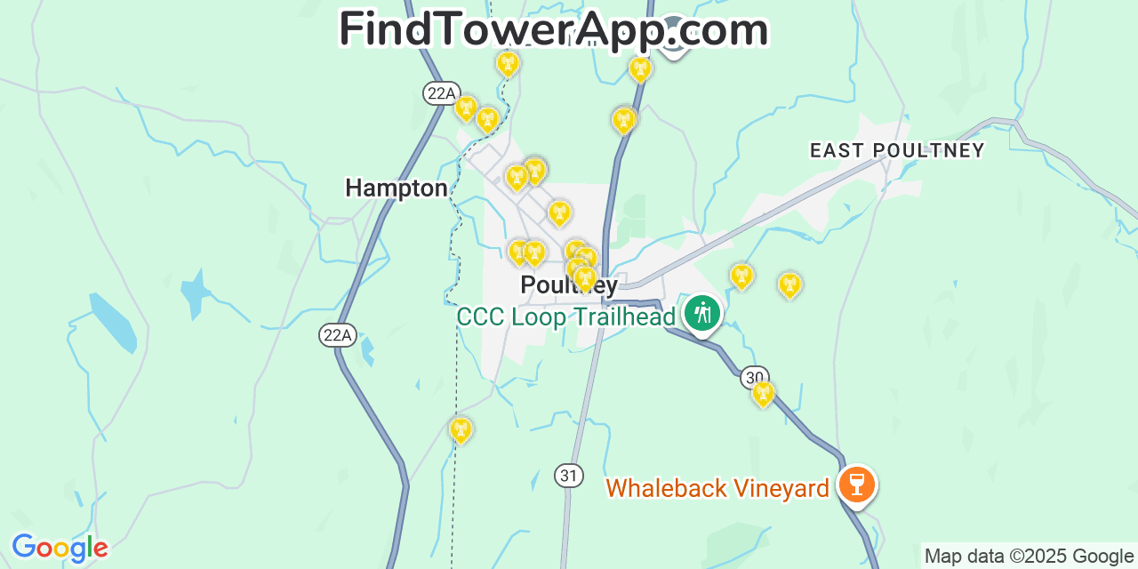Map showing the 20 primary cell tower locations detected in Poultney, Vermont from AT&T, Verizon, and T-Mobile networks